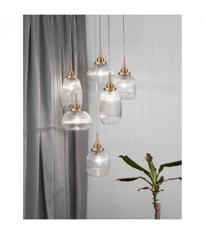 Mond 6 Light Cluster Pendant Ceiling Light Satin Gold Metal Clear Glass LED E14IP20-2