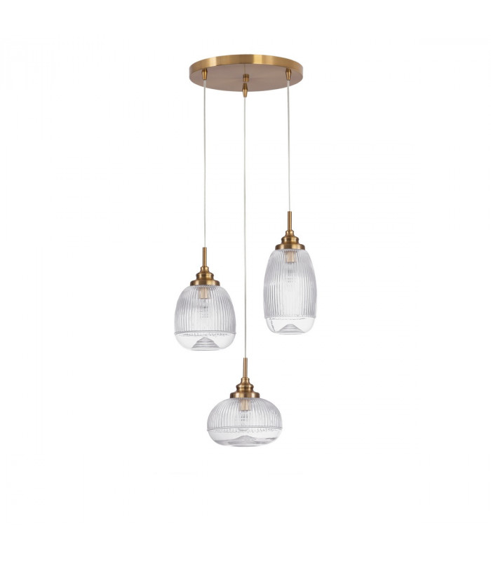 Mond 3 Light Cluster Pendant Ceiling Light Satin Gold Metal Clear Glass LED E14-1