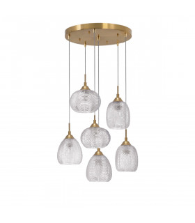 Vario 6 Light Cluster Pendant Ceiling Light Clear Glass& Satin Gold Metal LED E27-1