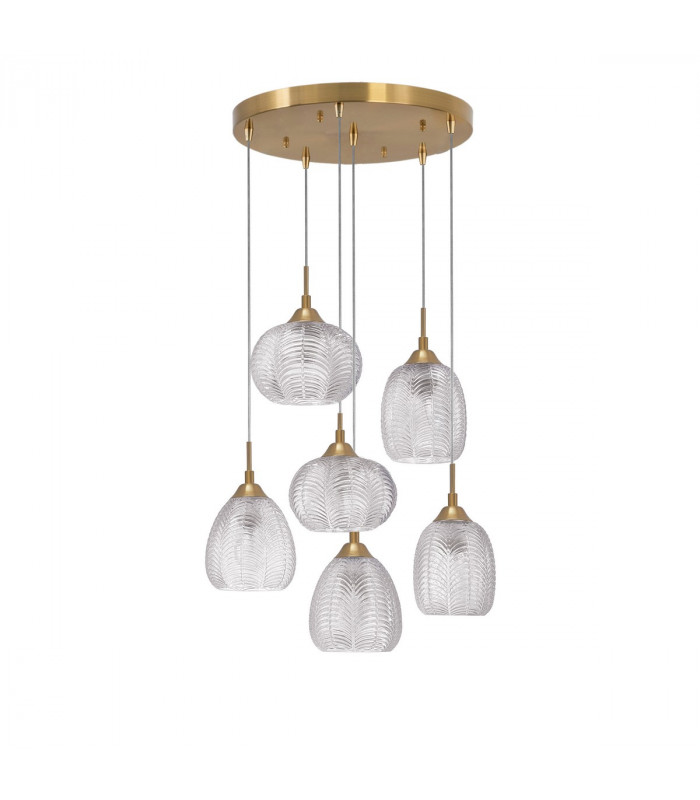 Vario 6 Light Cluster Pendant Ceiling Light Clear Glass& Satin Gold Metal LED E27-1