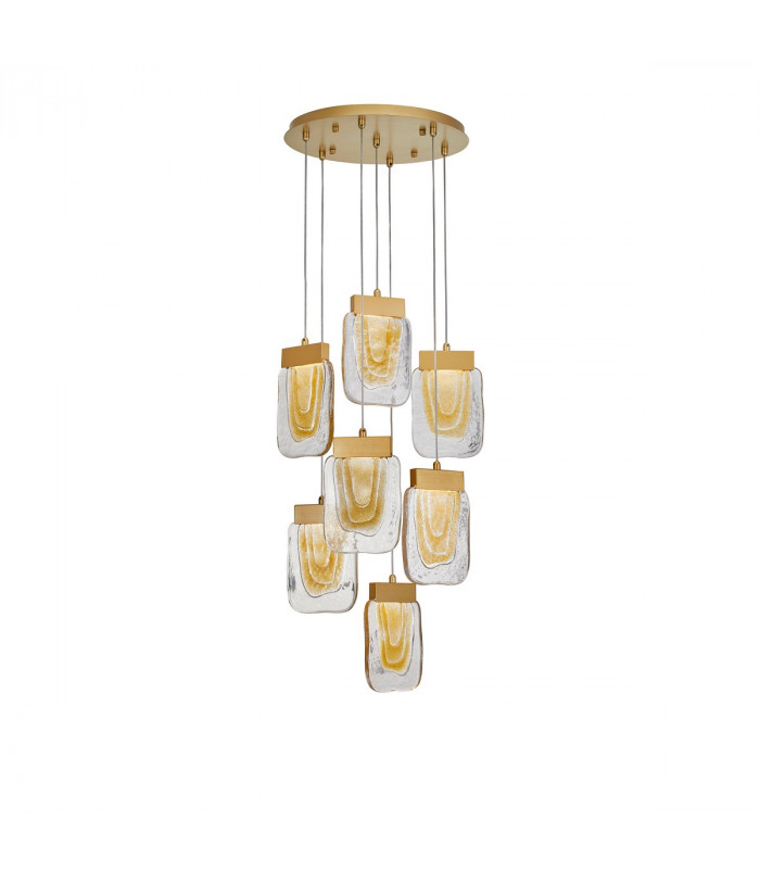 Grani 7 Light Cluster Pendant Ceiling Light Brushed Gold Steel Amber Gold Glass LED 7x4W 637Lm 3000K-1