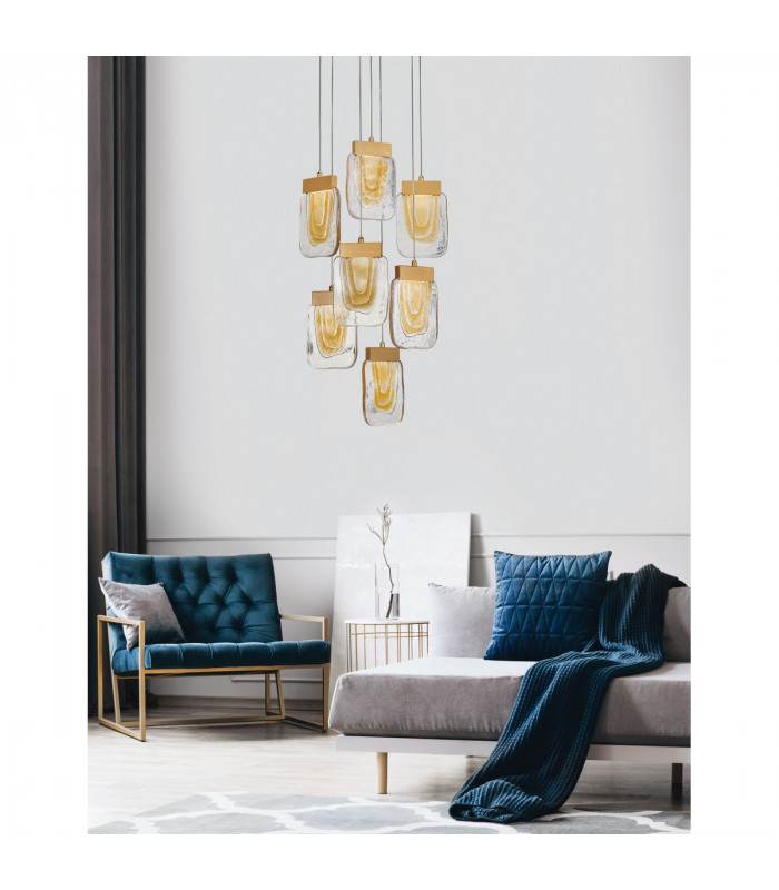 Grani 7 Light Cluster Pendant Ceiling Light Brushed Gold Steel Amber Gold Glass LED 7x4W 637Lm 3000K-2