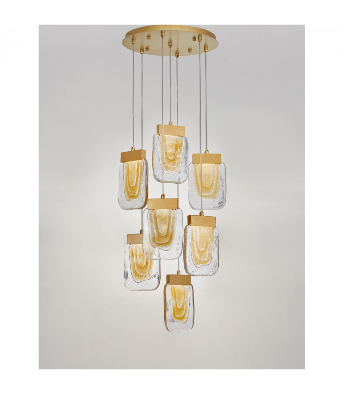 Grani 7 Light Cluster Pendant Ceiling Light Brushed Gold Steel Amber Gold Glass LED 7x4W 637Lm 3000K-3