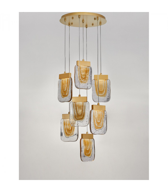 Grani 7 Light Cluster Pendant Ceiling Light Brushed Gold Steel Amber Gold Glass LED 7x4W 637Lm 3000K-4