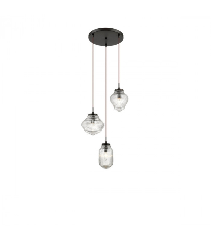 Nord 3 Light Cluster Pendant Ceiling Light Clear Glass Brown Metal Base Brown Fabric Wire LED E14-1