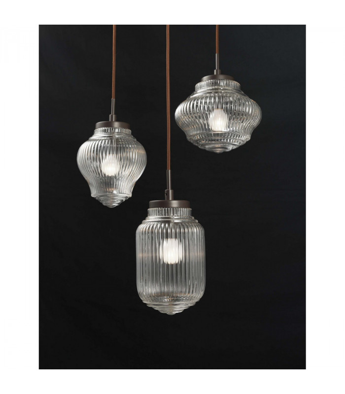 Nord 3 Light Cluster Pendant Ceiling Light Clear Glass Brown Metal Base Brown Fabric Wire LED E14-3