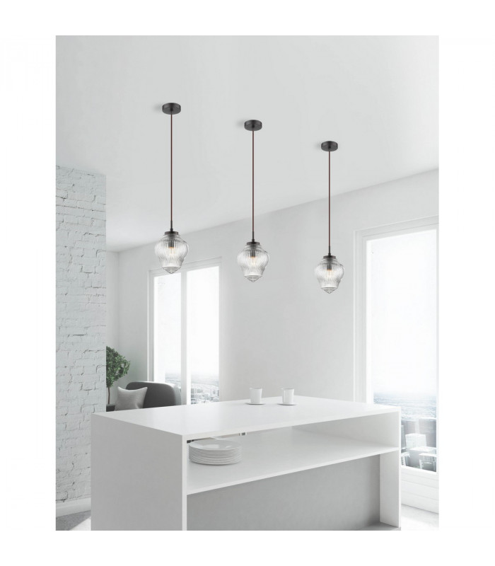 Nord 15cm Dome Pendant Ceiling Light Clear Glass Brown Metal Base Brown Fabric Wire LED E14-2
