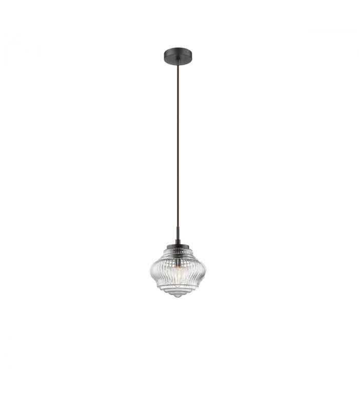 Nord 18cm Dome Pendant Ceiling Light Clear Glass Brown Metal Base Brown Fabric Wire LED E14-1