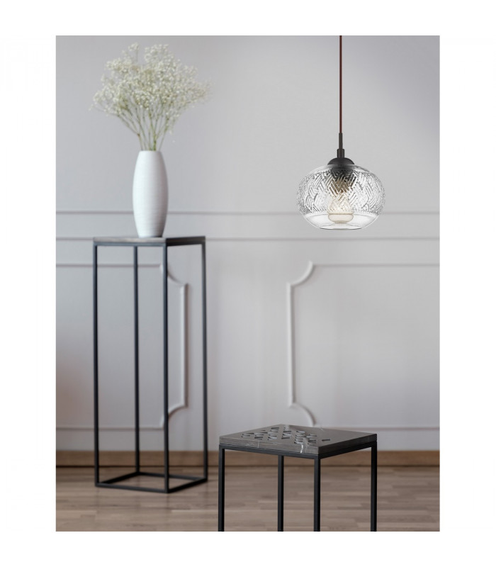 Devon 18cm Dome Pendant Ceiling Light Clear Glass Brown Metal Base Brown Fabric Wire LED E14-2