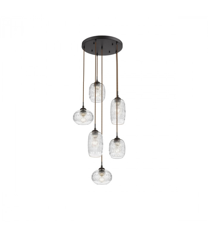 Devon 6 Light Cluster Pendant Ceiling Light Clear Glass Brown Metal Base Brown Fabric Wire LED E14-1