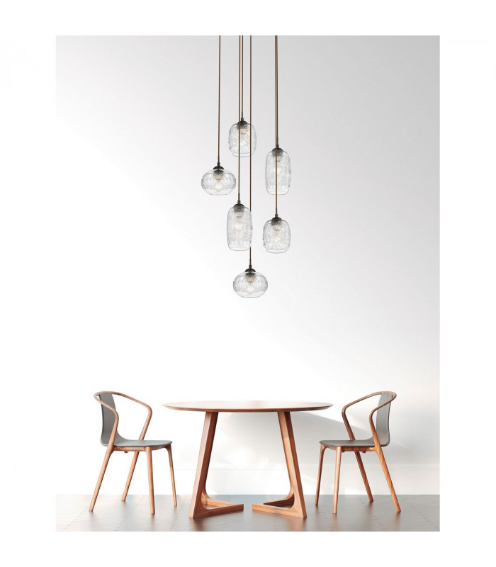 Devon 6 Light Cluster Pendant Ceiling Light Clear Glass Brown Metal Base Brown Fabric Wire LED E14-2