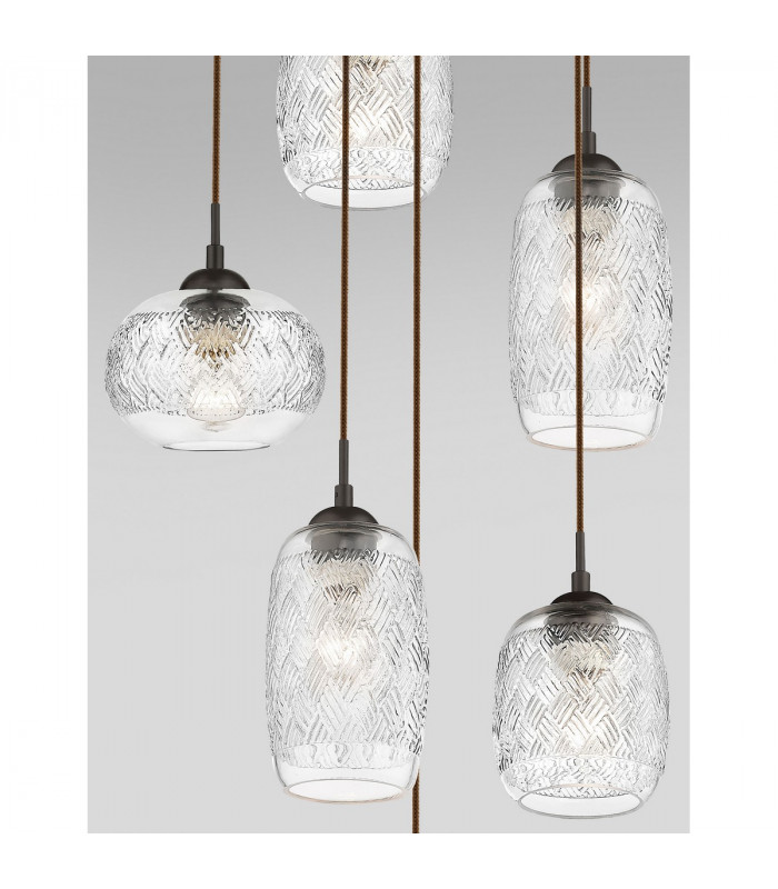 Devon 6 Light Cluster Pendant Ceiling Light Clear Glass Brown Metal Base Brown Fabric Wire LED E14-3