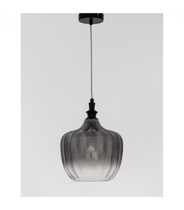 Loni Dome Pendant Ceiling Light Matt Black Metal Smoky Grey Glass LED E27-5