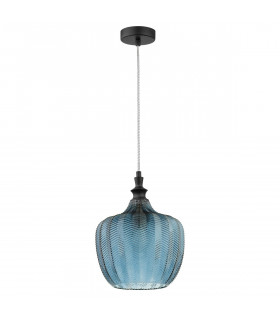 Loni Dome Pendant Ceiling Light Matt Black Metal Dark Blue Glass LED E27-1