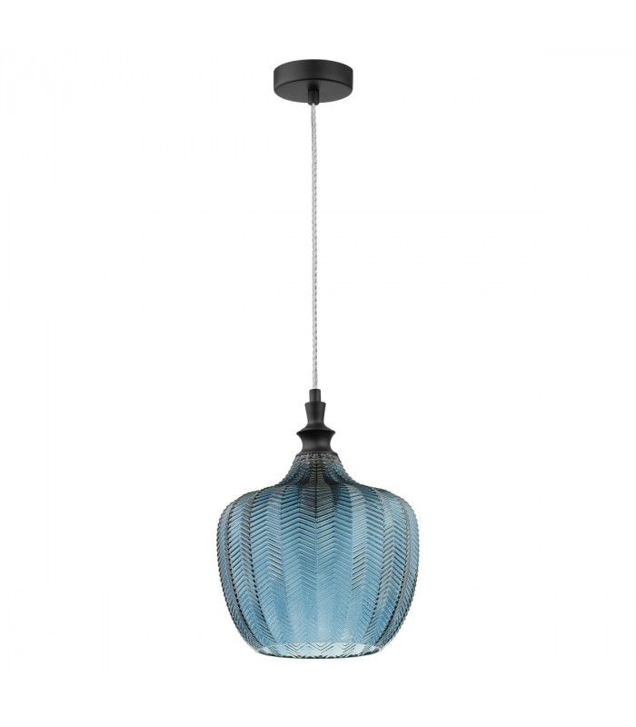 Loni Dome Pendant Ceiling Light Matt Black Metal Dark Blue Glass LED E27-1