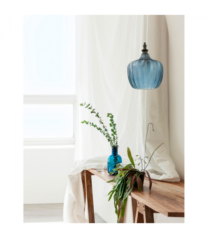 Loni Dome Pendant Ceiling Light Matt Black Metal Dark Blue Glass LED E27-2