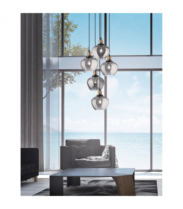 Cedro 5 Light Cluster Pendant Ceiling Light Smoky Glass Bronze Black Metal LED E27-2
