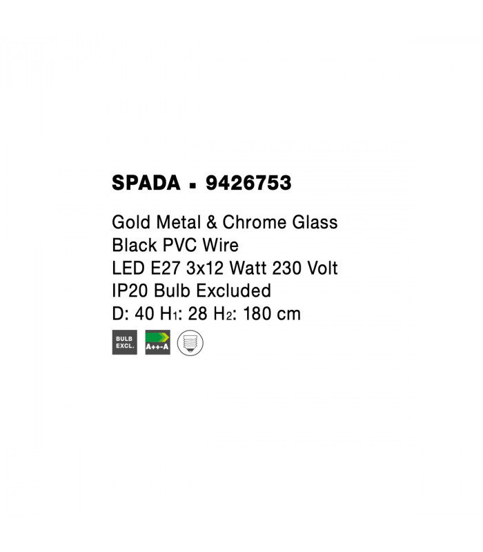 Spada 3 Light Cluster Pendant Ceiling Light Gold Metal Chrome Glass Black LED E27-4