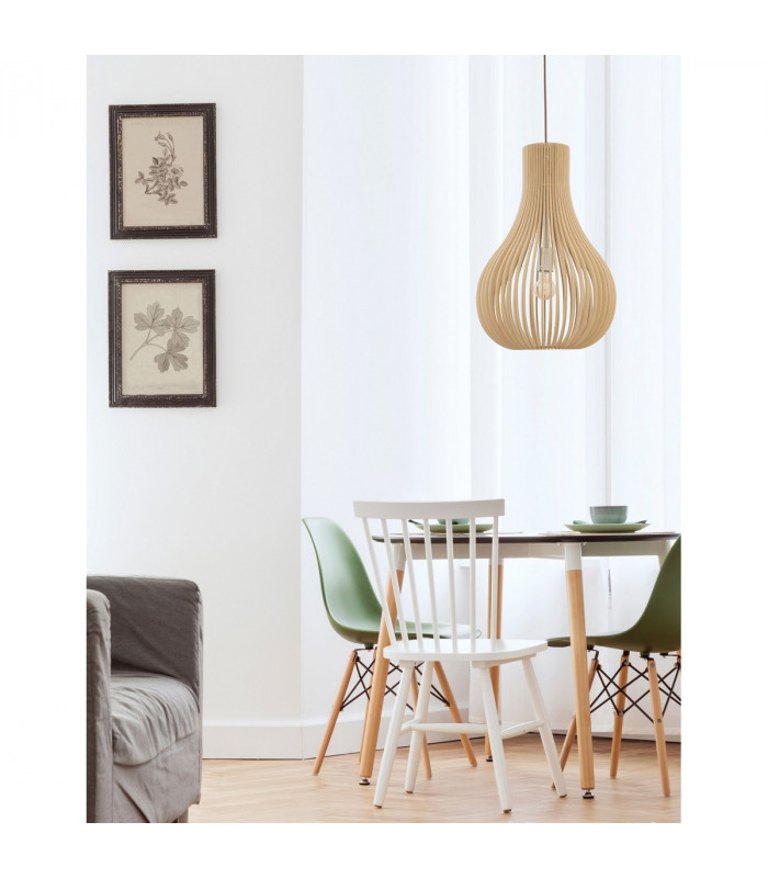 Soho Wire Frame Pendant Ceiling Light Natural Wood Brown Fabric Cable Solid Wood Canopy LED E27-2