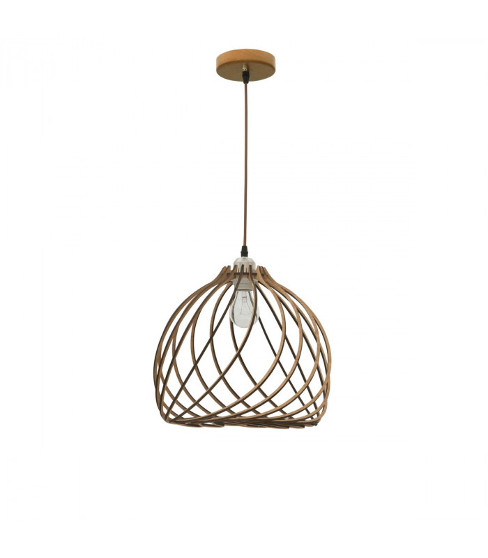 Adana Wire Frame Pendant Ceiling Light Natural Wood Brown Fabric Cable LED E27-1