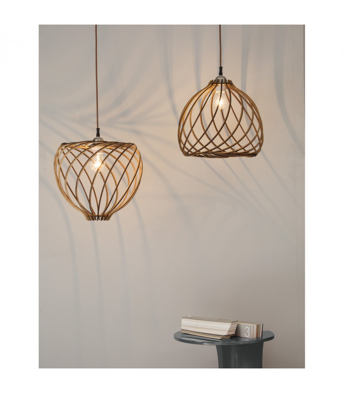 Adana Wire Frame Pendant Ceiling Light Natural Wood Brown Fabric Cable LED E27-2