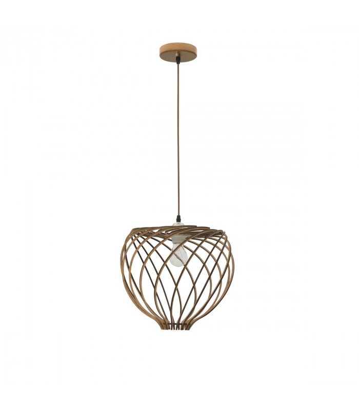 Adana Wire Frame Pendant Ceiling Light Natural Wood Brown Fabric Cable LED E27-4