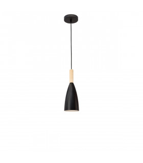 Grant Slim Pendant Ceiling Light Black Aluminium Natural Wood Black Fabric Wire LED E14-1