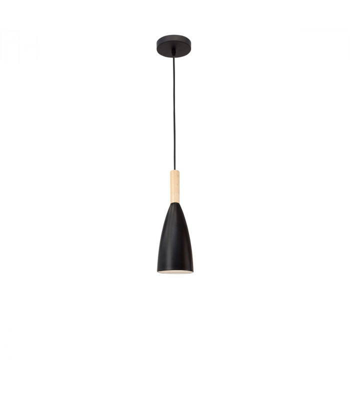 Grant Slim Pendant Ceiling Light Black Aluminium Natural Wood Black Fabric Wire LED E14-1