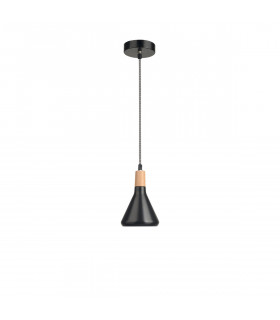 Venanzio Dome Pendant Ceiling Light Matt Black Metal Natural Wood LED E14-1