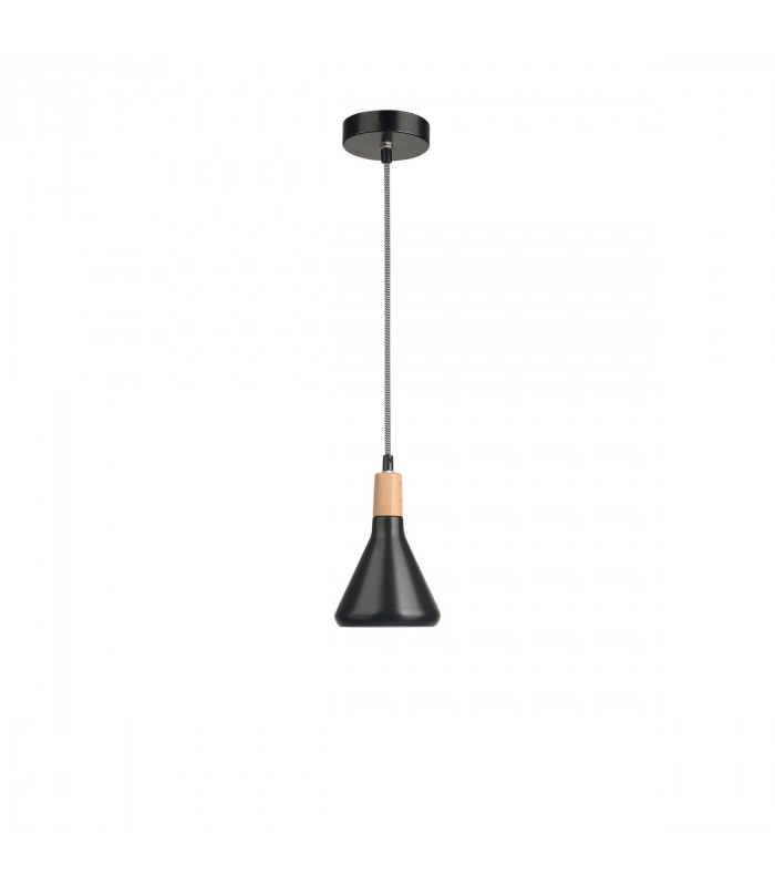 Venanzio Dome Pendant Ceiling Light Matt Black Metal Natural Wood LED E14-1