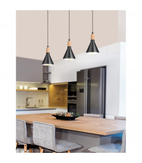 Venanzio Dome Pendant Ceiling Light Matt Black Metal Natural Wood LED E14-2