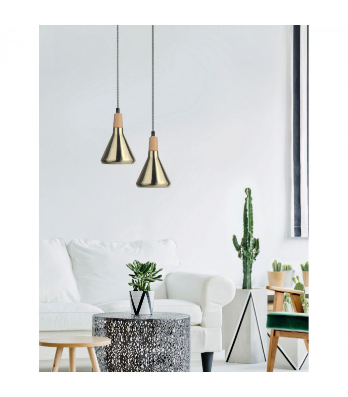Venanzio Dome Pendant Ceiling Light Brass Metal Natural Wood LED E14-2