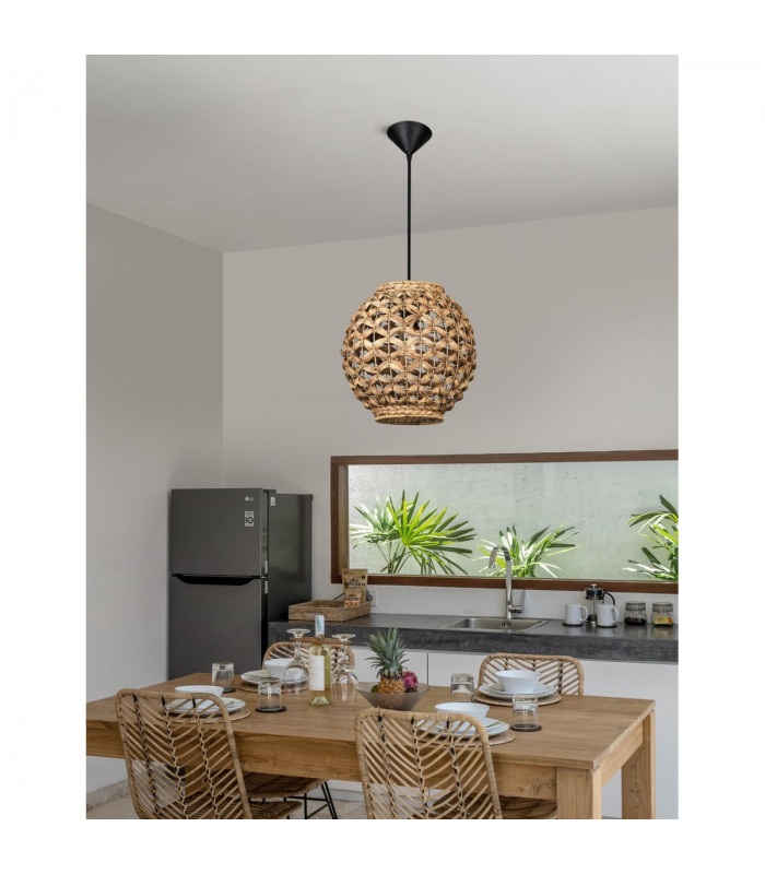 Griffin 30cm Dome Pendant Ceiling Light Dried Water Hyacinth Black Fabric Wire Base LED E27-2