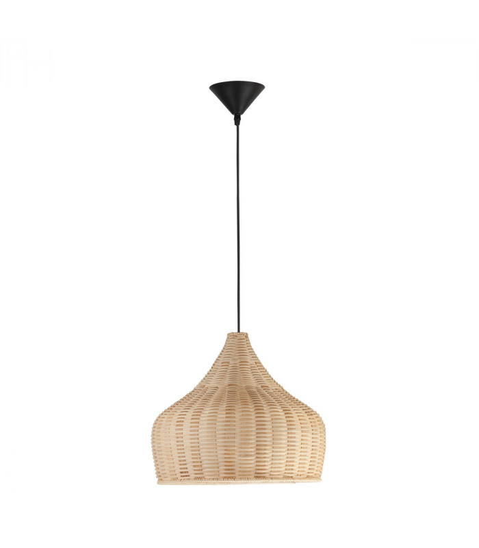 Mia 38.5cm Dome Pendant Ceiling Light Natural Ratan Wood Black Fabric Wire Base LED E27-1