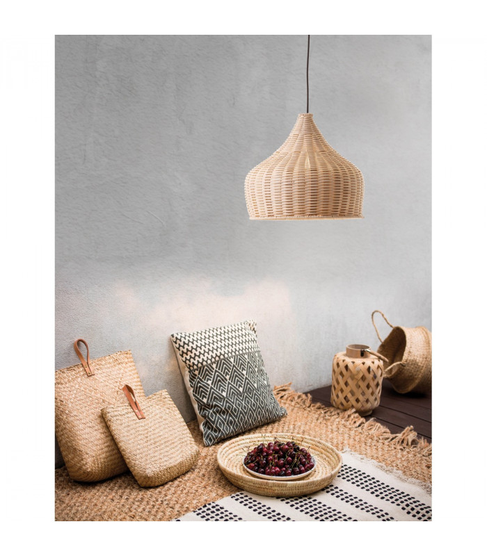 Mia 38.5cm Dome Pendant Ceiling Light Natural Ratan Wood Black Fabric Wire Base LED E27-2