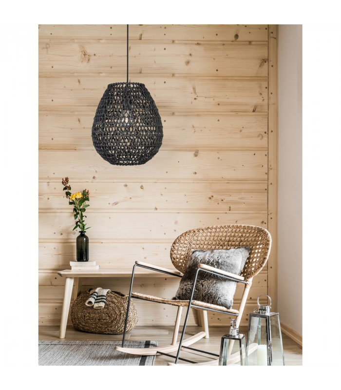 Griffin 30.5cm Dome Pendant Ceiling Light Black Paper Black Fabric Wire Base LED E27-2