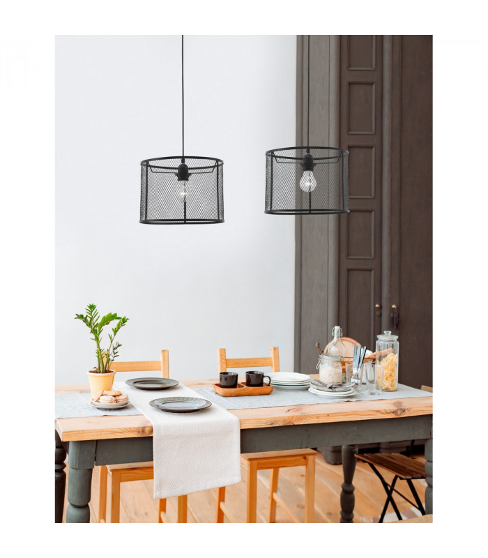 Net Cylindrical Pendant Ceiling Light Black Aluminium Black Fabric Wire LED E27-2