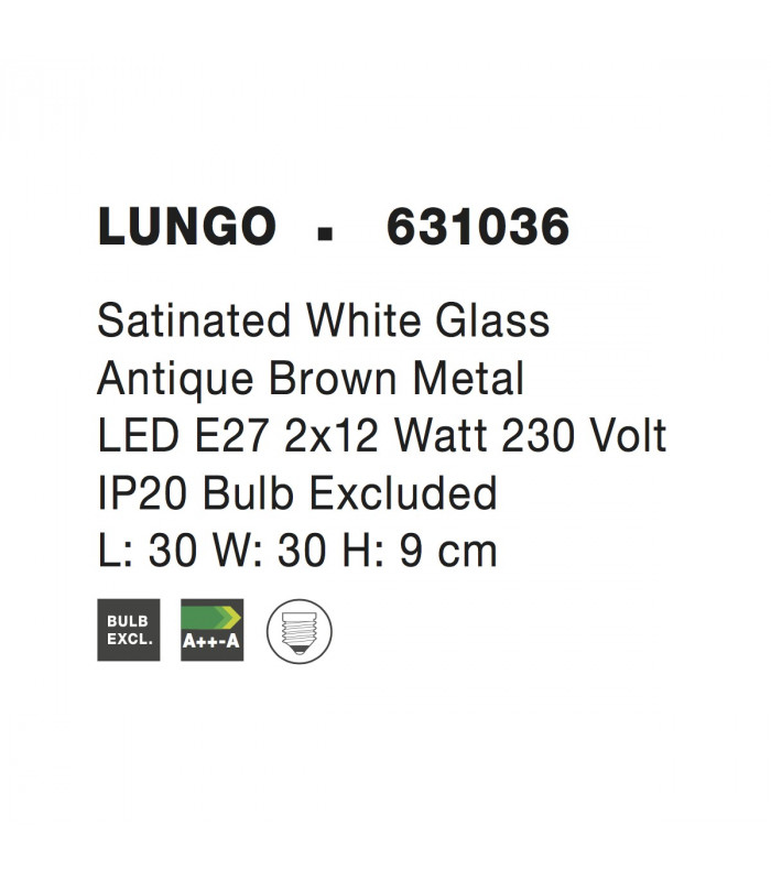 Lungo 2 Light Decorative Flush Ceiling Light Satinated White Glass Antique Brown Metal LED E27-3