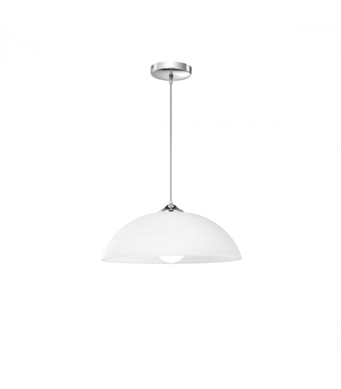 Vinca 30cm Dome Pendant Ceiling Light Chrome Metal White Wipe Technique Glass LED E27-1