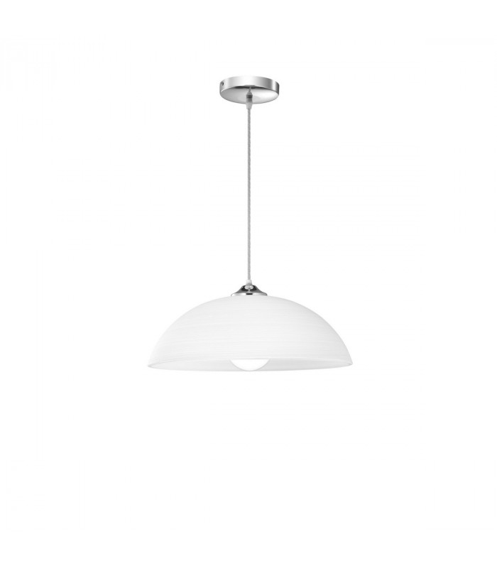 Vinca 40cm Dome Pendant Ceiling Light Chrome Metal White Wipe Technique Glass LED E27-1