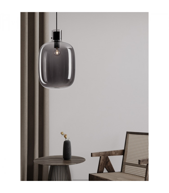 Cinzia 30cm Globe Pendant Ceiling Light Smoky Glass Black Cord Black Metal Base LED E27-3