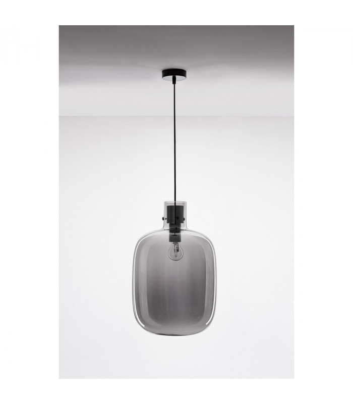 Cinzia 30cm Globe Pendant Ceiling Light Smoky Glass Black Cord Black Metal Base LED E27-4