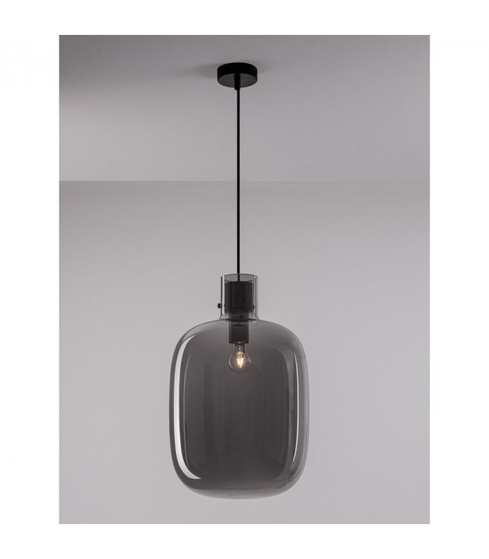 Cinzia 30cm Globe Pendant Ceiling Light Smoky Glass Black Cord Black Metal Base LED E27-5
