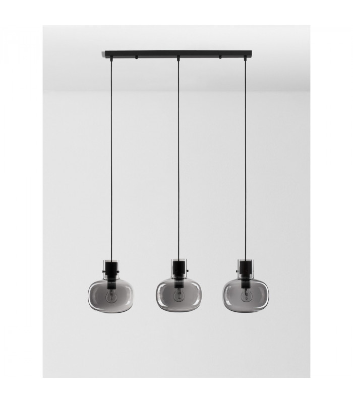 Cinzia 3 Light Bar Pendant Ceiling Light Smoky Glass Black Cord Black Metal Base LED E27-3