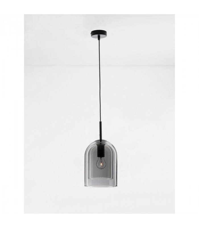 Velor 18cm Dome Pendant Ceiling Light Smoky Glass Black Cord Black Metal Base LED E27-2