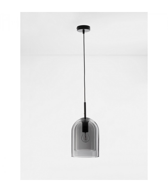 Velor 18cm Dome Pendant Ceiling Light Smoky Glass Black Cord Black Metal Base LED E27-3