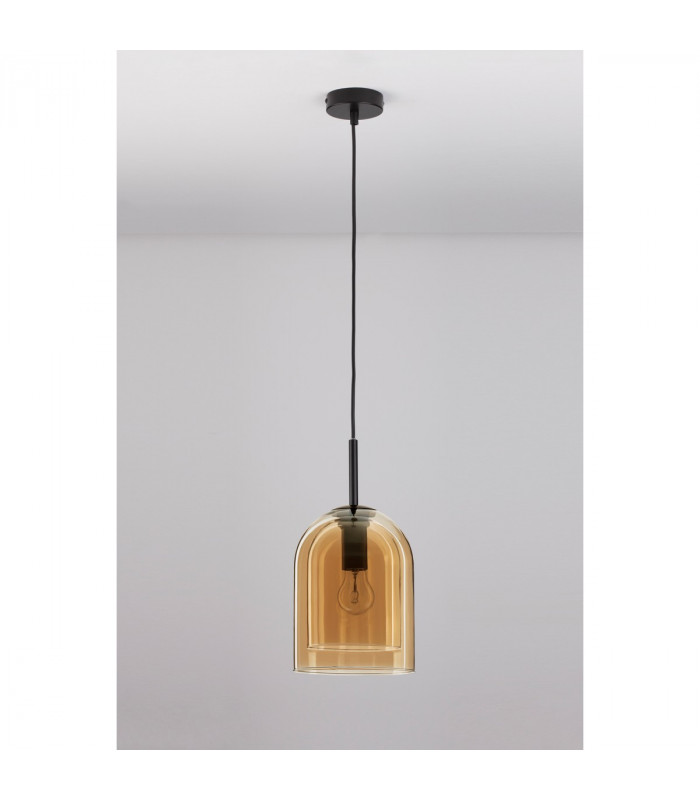Velor 18cm Dome Pendant Ceiling Light Dark Champagne Glass Black Cord Black Metal Base LED E27-3