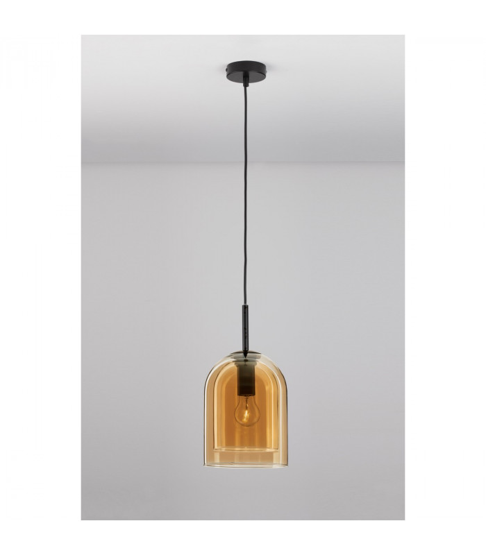 Velor 18cm Dome Pendant Ceiling Light Dark Champagne Glass Black Cord Black Metal Base LED E27-4