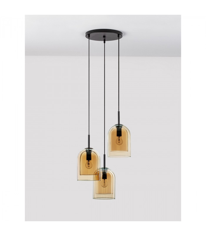 Velor 3 Light Cluster Pendant Ceiling Light Dark Champagne Glass Black Cord Black Metal Base LED E27-3