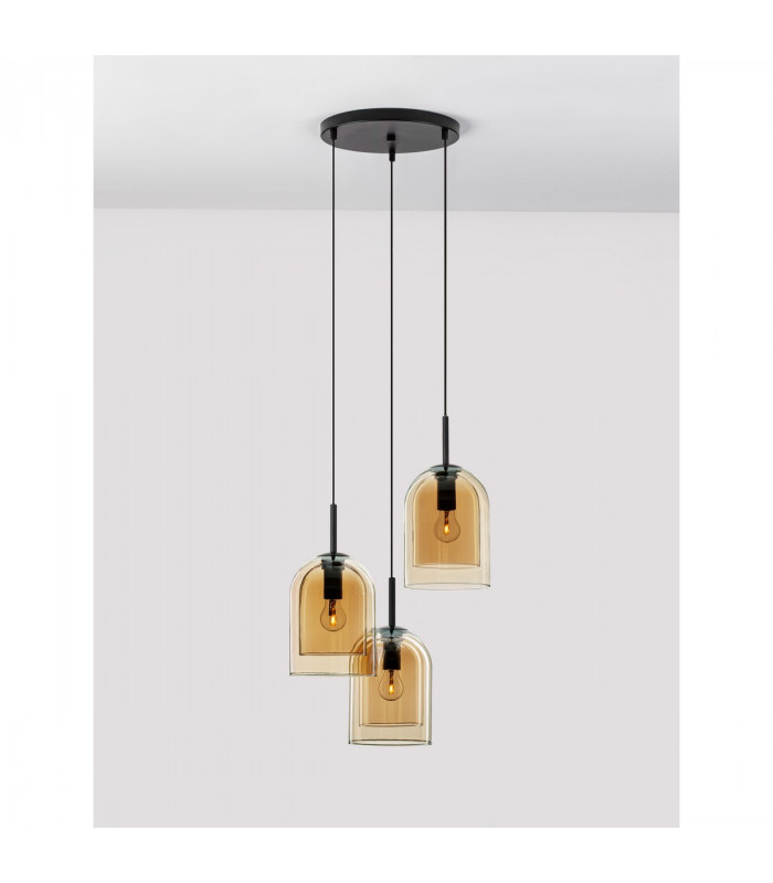 Velor 3 Light Cluster Pendant Ceiling Light Dark Champagne Glass Black Cord Black Metal Base LED E27-4